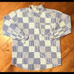 Orvis; patchwork, madras, button down shirt.  L